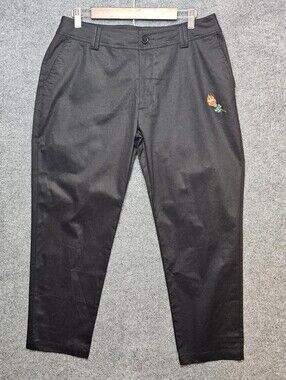 CIVIL REGIME Black Chino Work Pants - Embroidered Flaming Rose Detail
